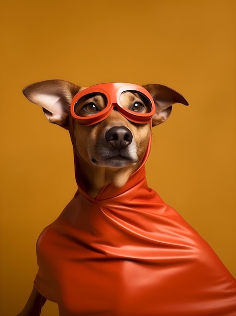 Un cane che indossa un mantello rosso e una maschera