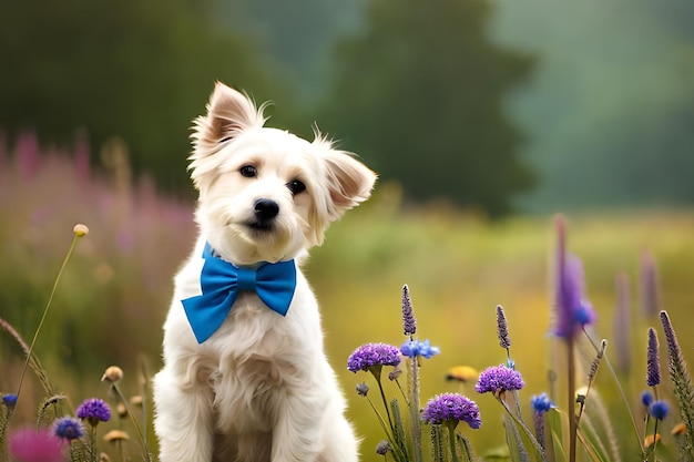 Un cane che indossa un papillon blu siede in un campo di fiori.