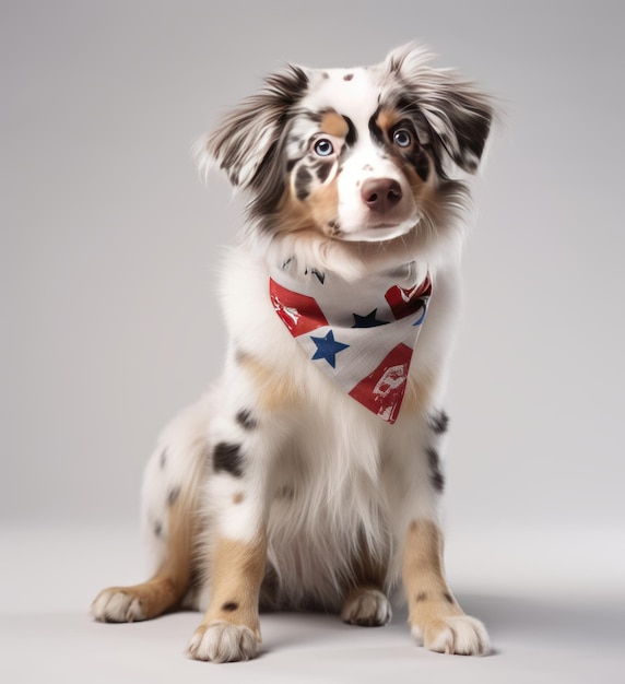 Un cane che indossa una bandana con su scritto "no dogs".