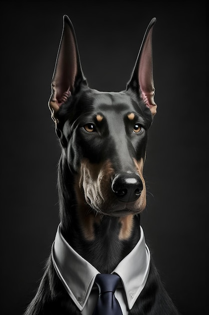 Un cane che indossa una camicia e una cravatta con la scritta dobermann