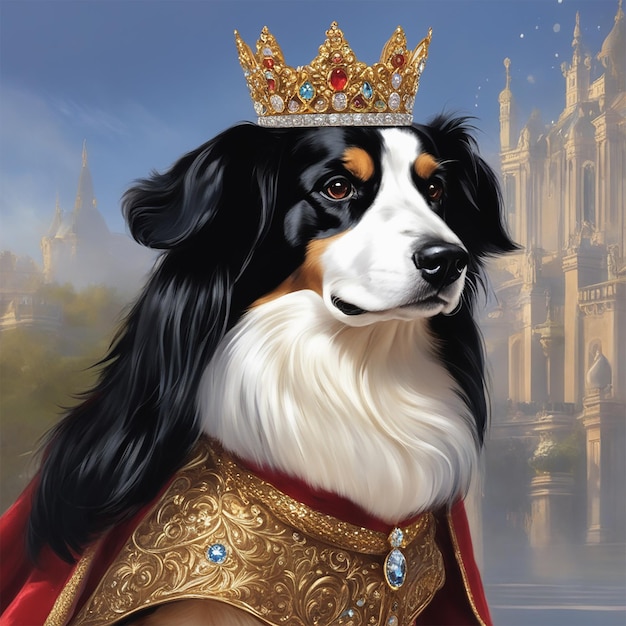 un cane che indossa una corona e una corona è in piedi davanti a un edificio.