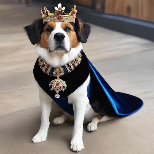 un cane che indossa una corona si siede su un pavimento con sopra una corona