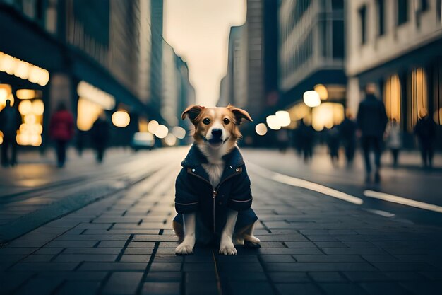 un cane che indossa una giacca con la scritta "cane seduto per strada".