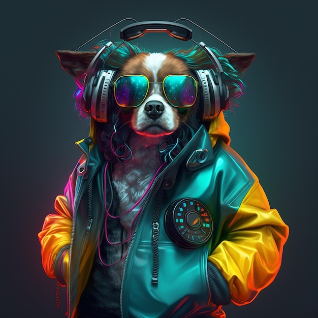 Un cane che indossa una giacca e cuffie con sopra la parola musica.