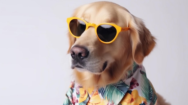 Un cane che indossa una maglietta con su scritto golden retriever