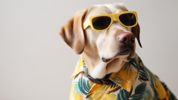 Un cane che indossa una maglietta con su scritto "occhiali da sole gialli".