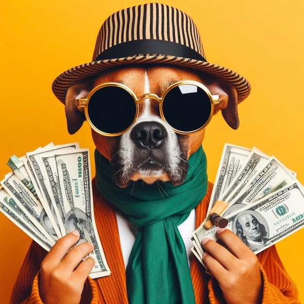un cane che indossa una sciarpa e occhiali da sole tiene una pila di soldi