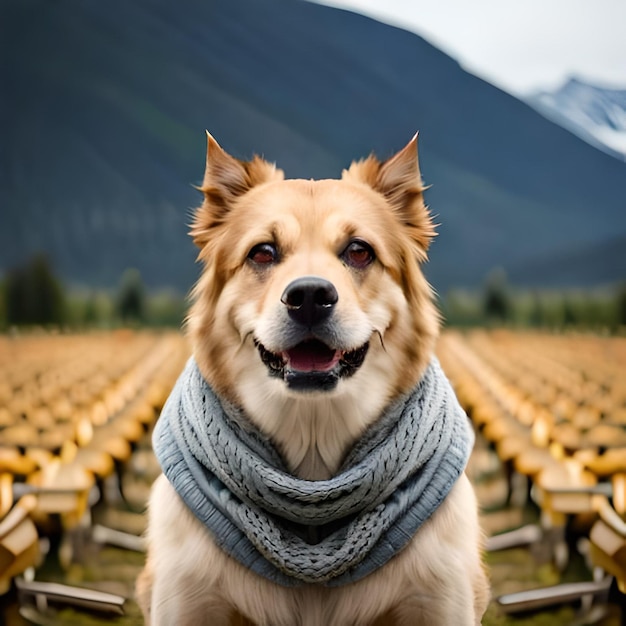 Un cane che indossa una sciarpa e una sciarpa grigia si trova in un campo con una montagna sullo sfondo.