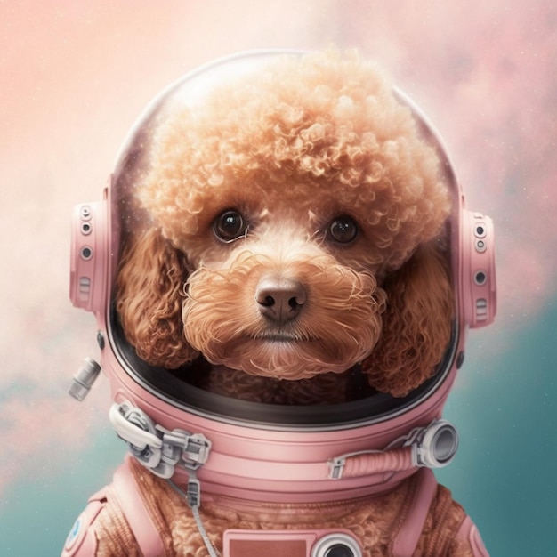 Un cane che indossa una tuta da astronauta rosa con sopra la scritta apollo.