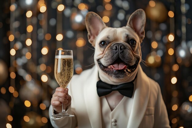 un cane che indossa uno smoking tiene un bicchiere di champagne