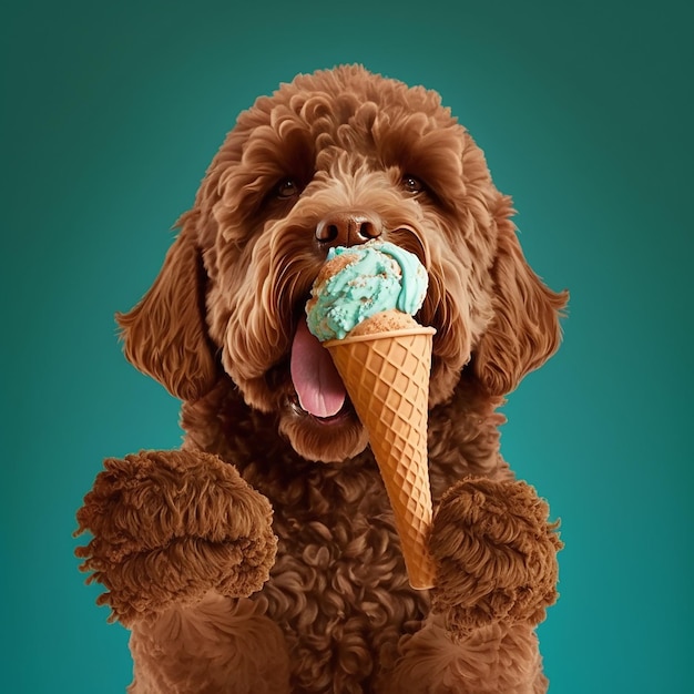 Un cane che mangia un cono gelato con sopra la parola gelato.