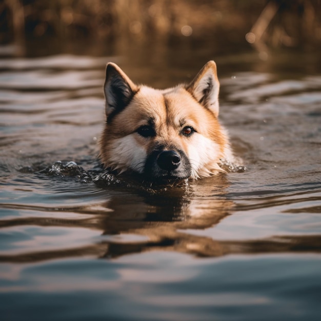 Un cane che nuota in un lago con la parola cane sul davanti.