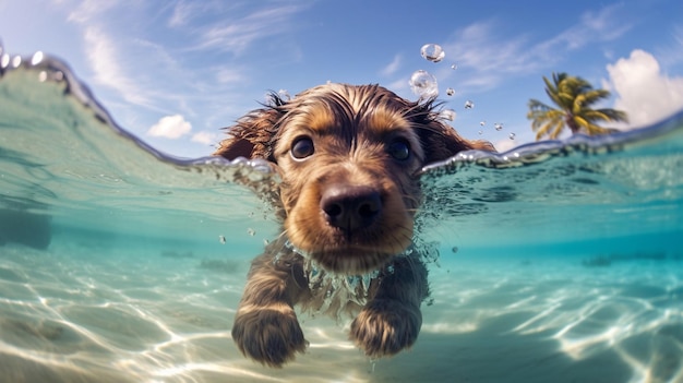 Un cane che nuota in una piscina con il cielo sullo sfondo