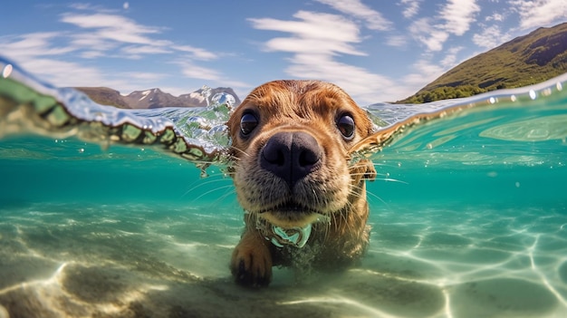 Un cane che nuota nell'acqua