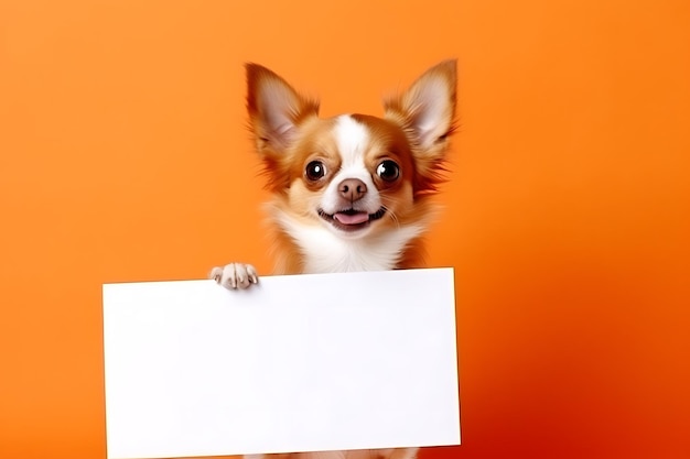 un cane che regge un cartello bianco