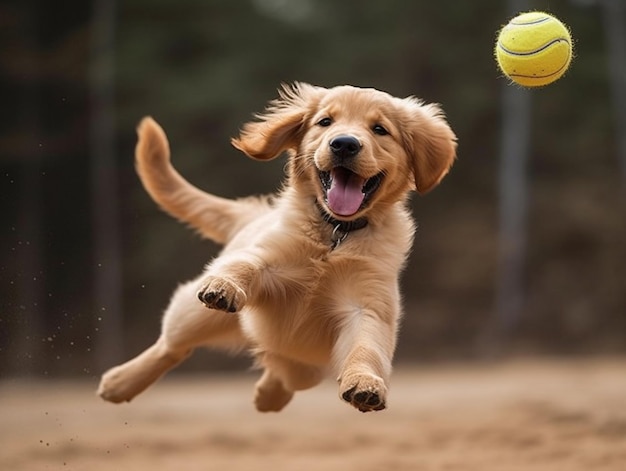 Un cane che salta con una pallina da tennis in aria