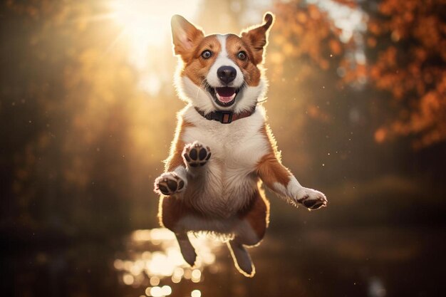 Un cane che salta in aria con il sole alle spalle.