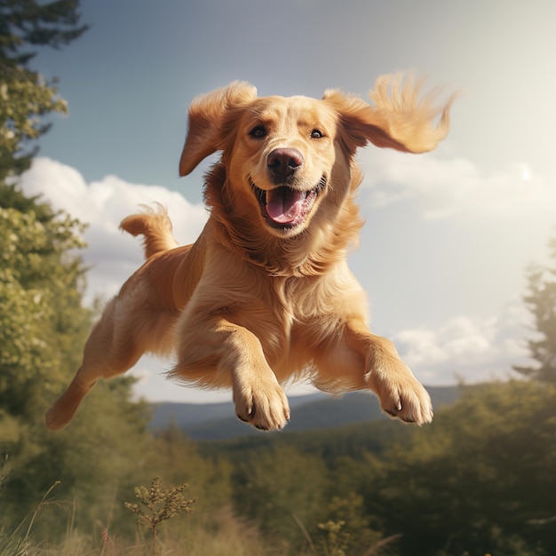 Un cane che salta in aria con la lingua fuori.