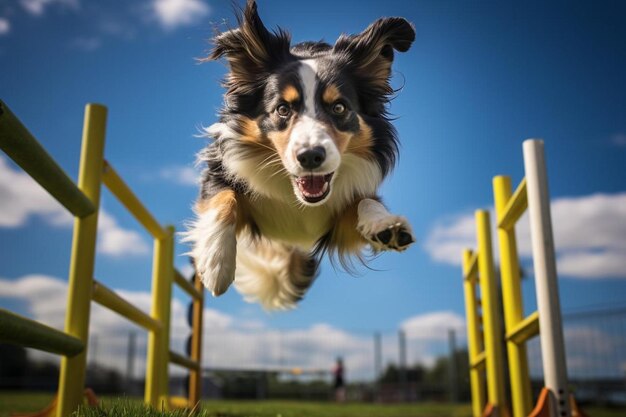 Un cane che salta sopra un ostacolo giallo con uno sfondo di cielo