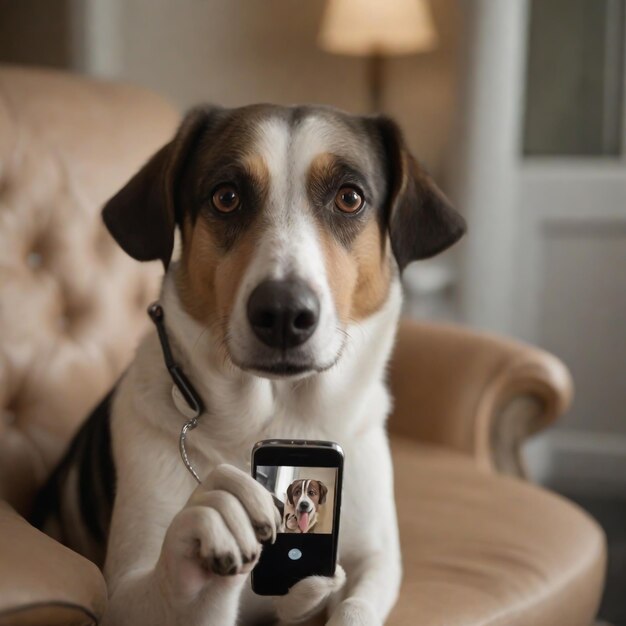 Un cane che si fa un selfie con il suo cellulare