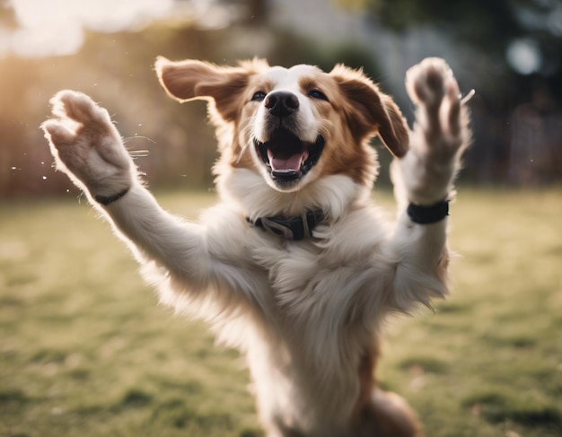 Un cane che solleva entrambe le mani foto grezza carino hurra cane felice