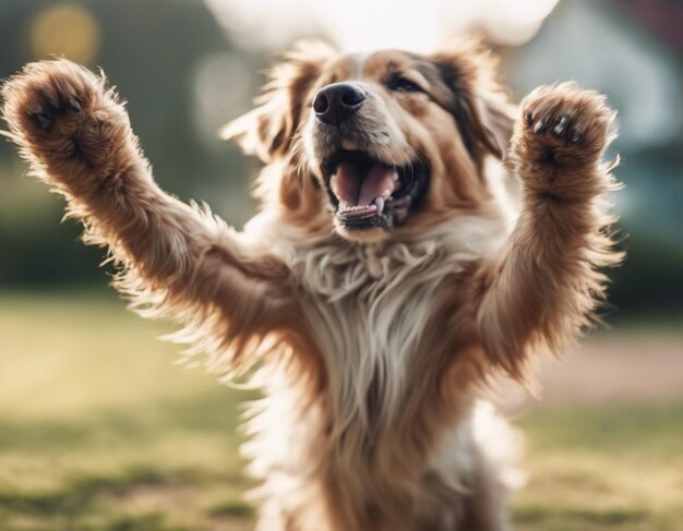 Un cane che solleva entrambe le mani foto grezza carino hurra cane felice
