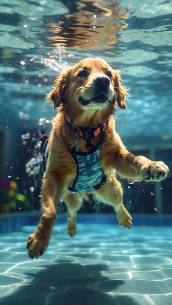 Un cane che spazza sotto l'acqua in una piscina generata dall'AI