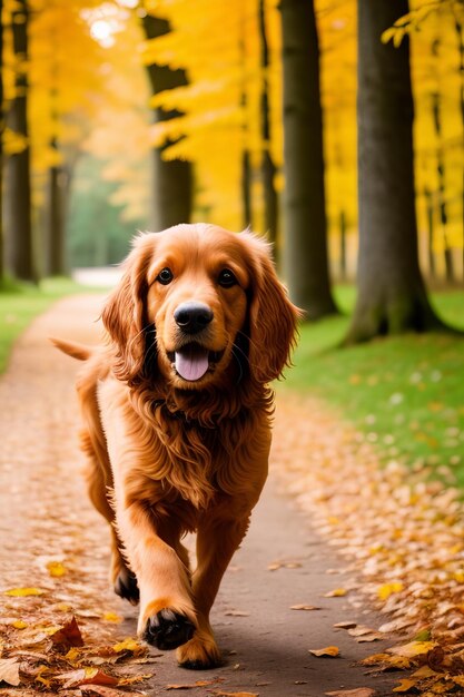 Un cane che sta camminando su un sentiero con delle foglie sopra