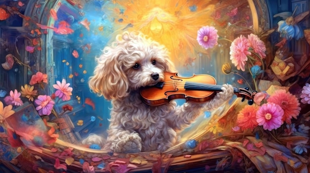 Un cane che suona un violino con un fiore sullo sfondo