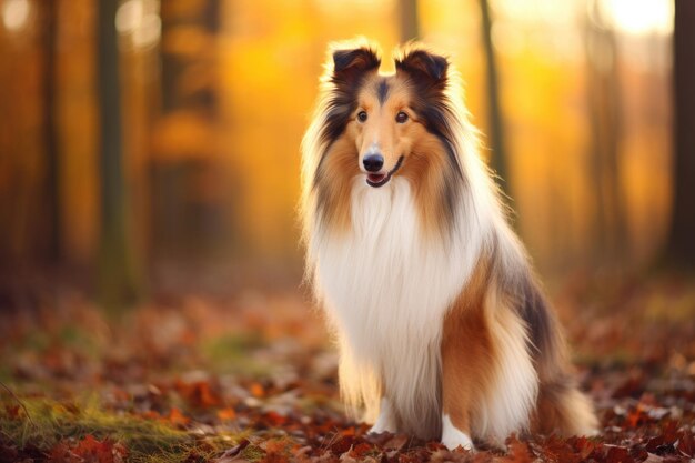 Un cane collie è seduto nella foresta d'autunno a passeggiare nel parco