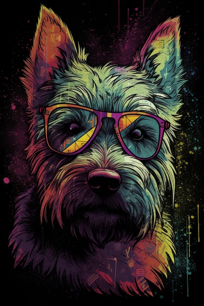 Un cane colorato con occhiali da sole sopra