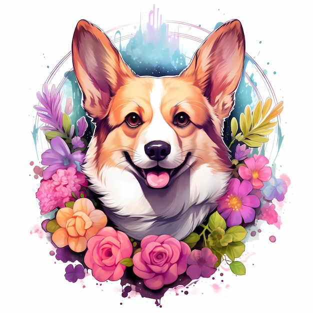 un cane con dei fiori sullo sfondo e l'immagine di un cane al centro