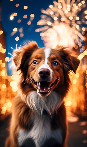 Un cane con fuochi d'artificio sullo sfondo ai generativo
