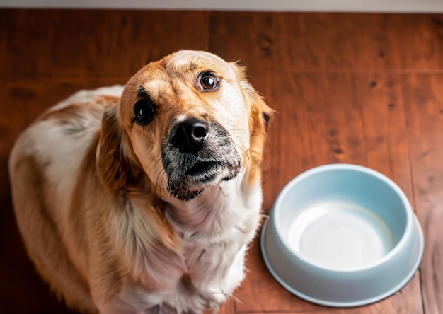 Un cane con gli occhi alzati in attesa del cibo accanto al piatto vuoto
