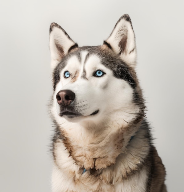 Un cane con gli occhi azzurri e un collare con scritto "amo i cani".