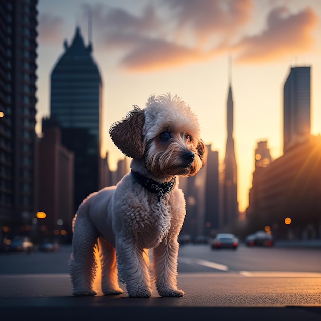 Un cane con gli occhi azzurri si trova su una strada di fronte a uno skyline della città.