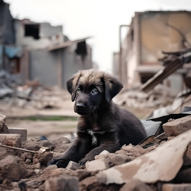 Un cane con gli occhi azzurri siede su un mucchio di macerie.