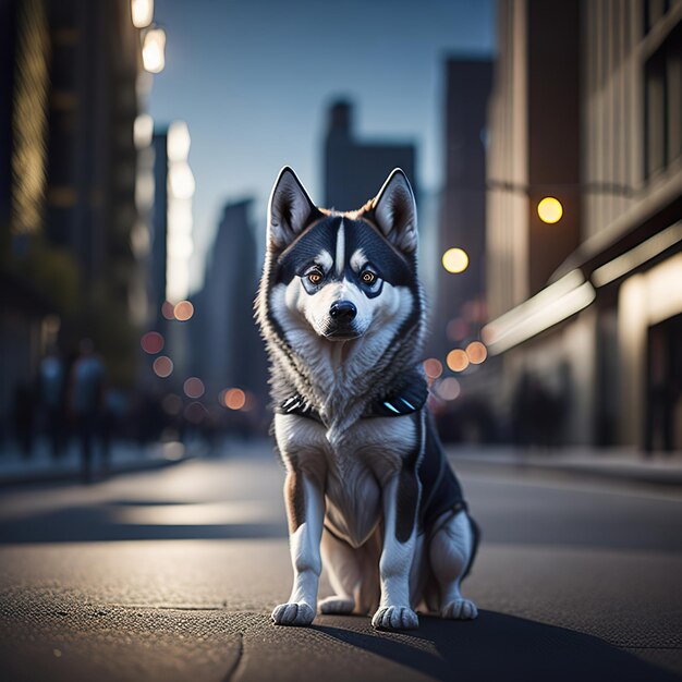 Un cane con gli occhi azzurri siede su una strada di fronte a un paesaggio urbano.