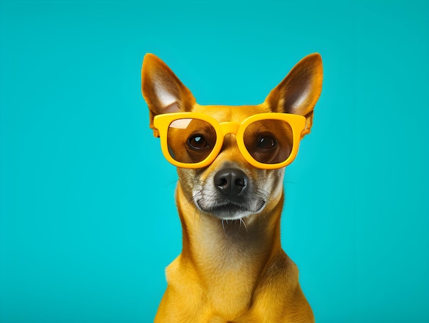 Un cane con gli occhiali arancioni e un cappello giallo