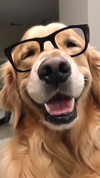 Un cane con gli occhiali con su scritto "golden retriever".