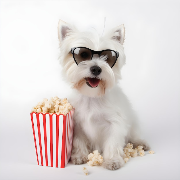 Un cane con gli occhiali da sole e accanto una scatola di popcorn