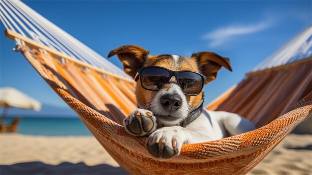 Un cane con gli occhiali da sole è seduto su un'amaca con gli occhi chiusi.