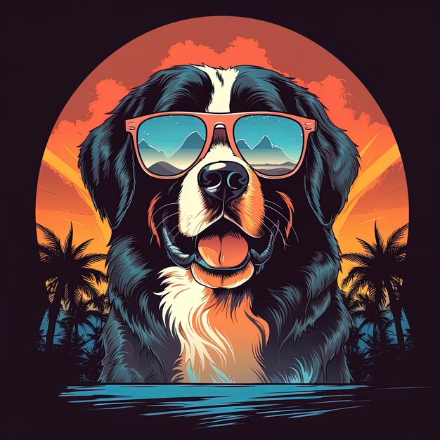 un cane con gli occhiali da sole e un tramonto sullo sfondo