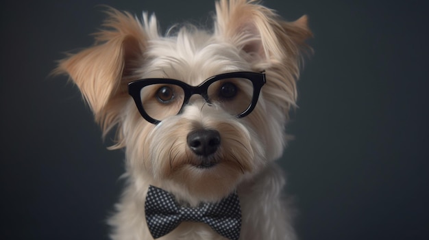 Un cane con gli occhiali e un papillon