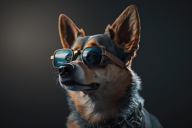 Un cane con gli occhiali e una catena al collo