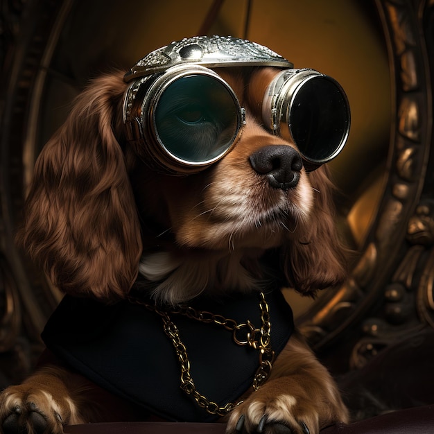 Un cane con gli occhiali scuri fotografia a filo di diamante
