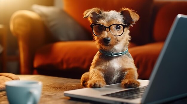 Un cane con gli occhiali si siede davanti a un computer portatile.