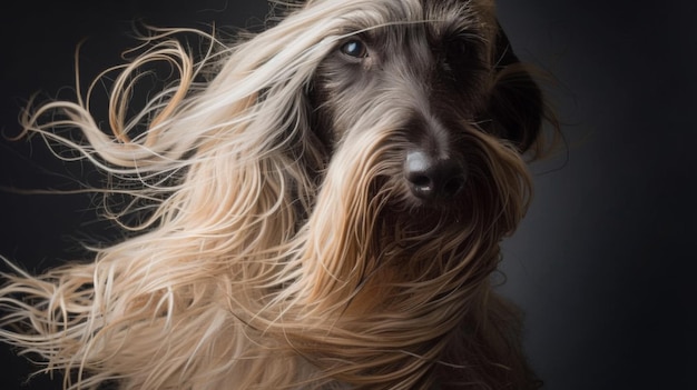 Un cane con i capelli lunghi un cappotto di cane su uno sfondo scuro