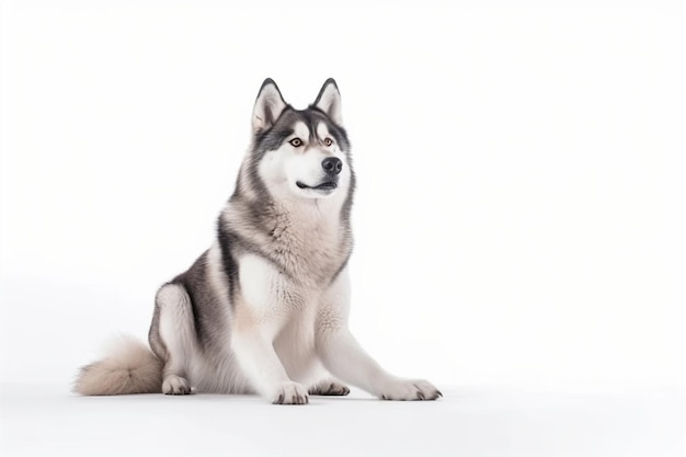 Un cane con il naso nero e la faccia bianca è seduto davanti a uno sfondo bianco.