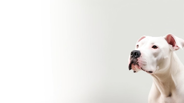 Un cane con il naso rosa e la faccia bianca guarda a sinistra.